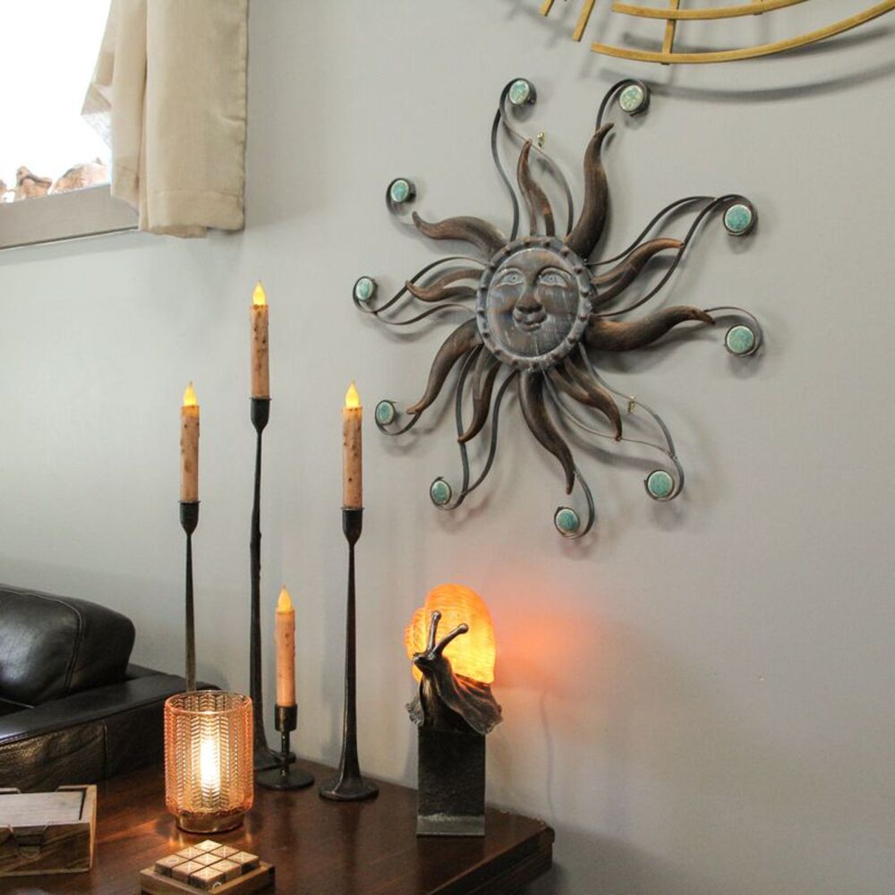Antique Copper Finish Metal Sun Face Wall Hanging With Ceramic Bead Accents - Picture 4 of 9